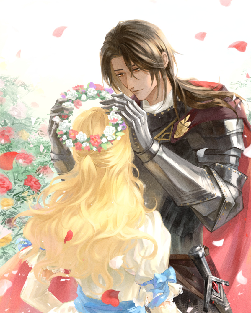 1boy 1girl absurdres armor azik_eggers black_hair blonde_hair blue_ribbon brown_eyes cape chinese_commentary commentary_request dark_skin dress elbow_gloves falling_petals flower gloves head_wreath highres jiuying535 long_hair looking_at_another lord_of_the_mysteries outdoors petals red_cape ribbon sheath smile sword weapon white_dress white_gloves wind