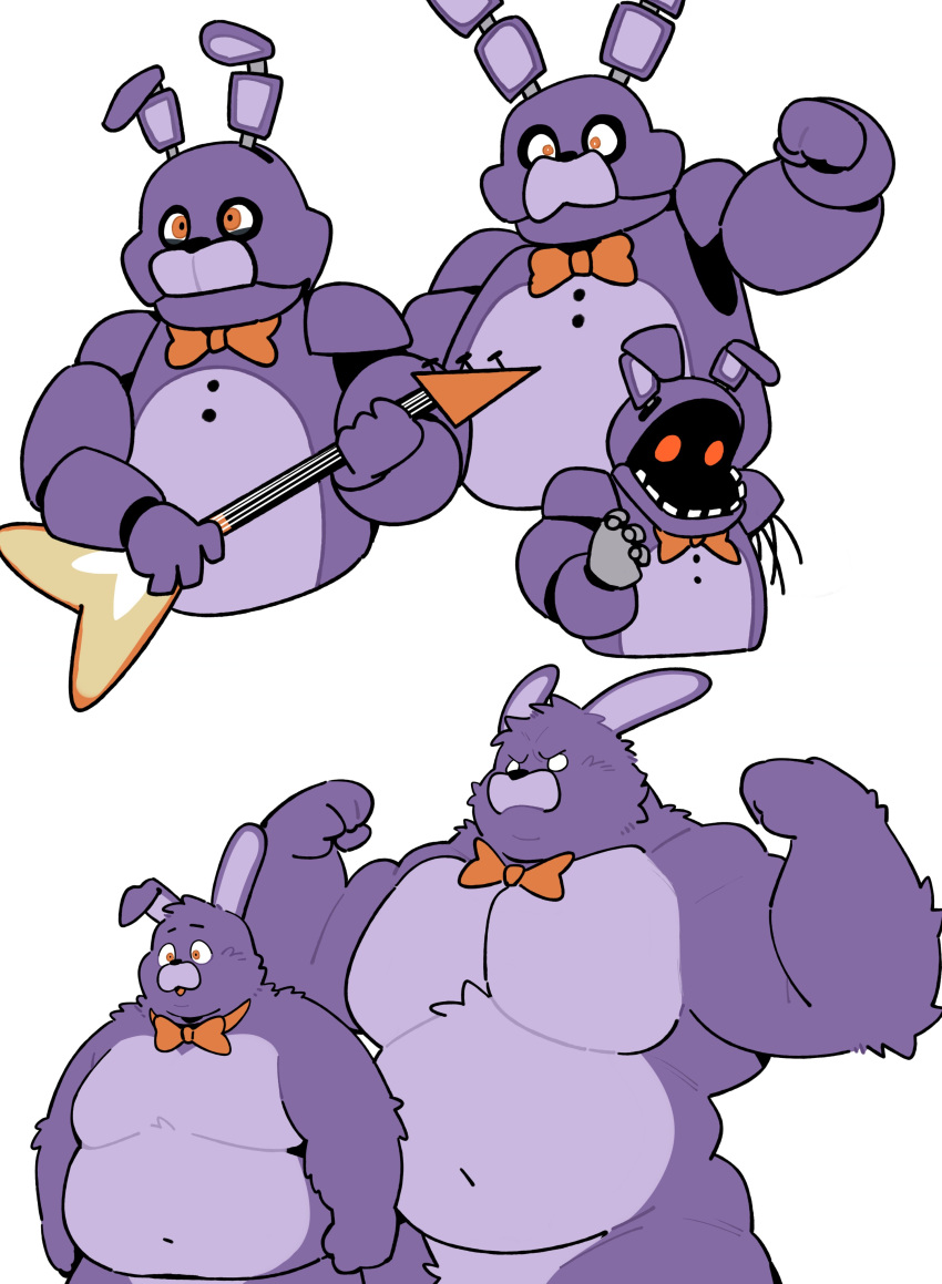 2023 absurd_res animatronic anthro belly biceps big_belly big_muscles bonnie_(fnaf) bow_tie five_nights_at_freddy's flexing fur guitar hi_res holding_musical_instrument holding_object lagomorph leporid machine male mammal moobs musclegut muscular muscular_anthro muscular_male musical_instrument navel nude open_mouth overweight overweight_anthro overweight_male pecs plucked_string_instrument quanjiang rabbit robot scottgames simple_background solo standing string_instrument teeth tuft white_background
