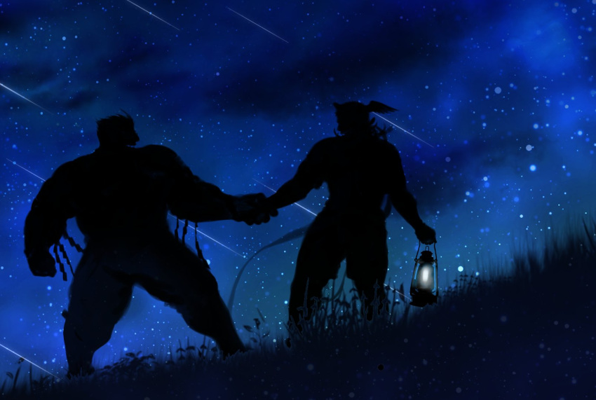 2boys bara couple from_behind hermes_(housamo) highres holding_hands holding_lamp limited_palette male_focus multiple_boys muscular muscular_male pulling shooting_star short_hair silhouette sky standing star_(sky) starry_sky tajikarao_(housamo) teriyaki_(gqtne7ymkx71079) tokyo_afterschool_summoners yaoi