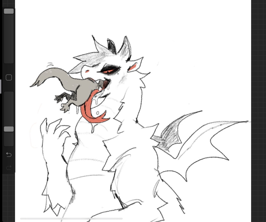 2020 ambiguous_gender anthro bodily_fluids dragon drooling duo female fur furred_dragon hair half-length_portrait hi_res horn portrait red_eyes red_tongue rexy_(thorn_paw) saliva sketch small_wings smile thorn_paw tongue vore wings