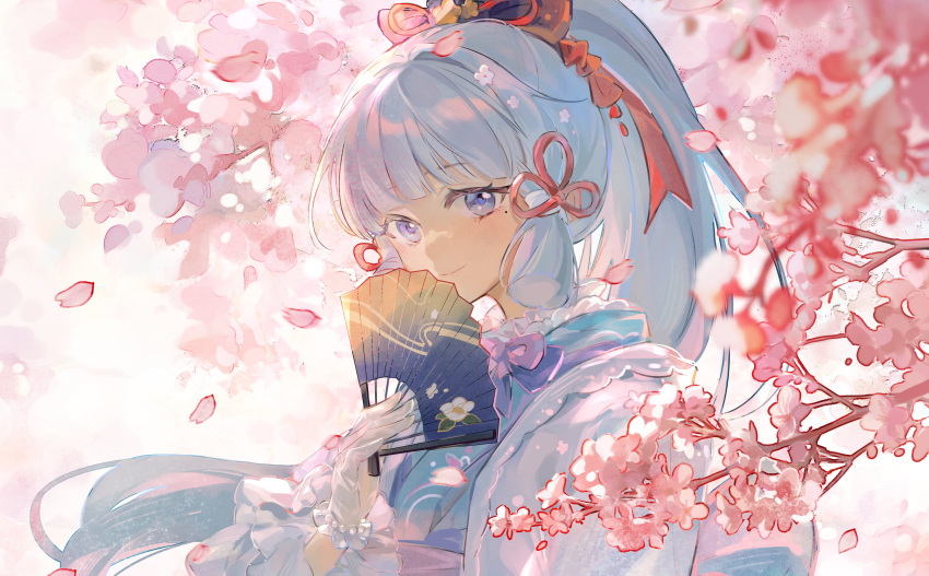 1girl absurdres blue_eyes blue_hair blue_shirt blunt_bangs blunt_tresses falling_petals flower folding_fan frills genshin_impact gloves hair_ribbon hand_fan highres holding holding_fan kamisato_ayaka light_blue_hair long_hair looking_at_viewer mole mole_under_eye petals pink_flower ponytail ribbon shirt smile smyan solo tress_ribbon upper_body white_flower white_gloves