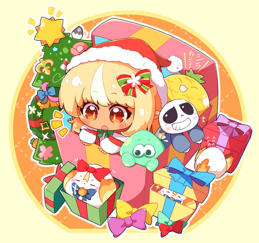 1girl bird blonde_hair box chibi christmas_present christmas_tree elfriend_(shiranui_flare) food fruit gift hat hololive in_box in_container nokiri orange_eyes pineapple pointy_ears sans santa_costume santa_hat shiranui_flare splatoon_(series) squid suika_game undertale virtual_youtuber