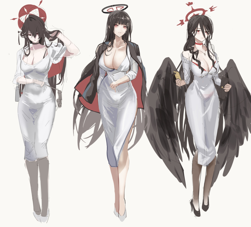 1girl alternate_costume black_choker black_hair black_wings blue_archive blunt_bangs breasts cellphone choker cleavage dongtan_dress dress feathered_wings grey_dress hair_ornament hairclip halo haowei_wu hasumi_(blue_archive) highres holding holding_phone holding_tablet_pc huge_breasts kokuriko_(blue_archive) large_breasts long_hair looking_at_viewer meme_attire mole opera_glasses phone red_eyes red_halo rio_(blue_archive) smartphone solo tablet_pc very_long_hair white_dress wings