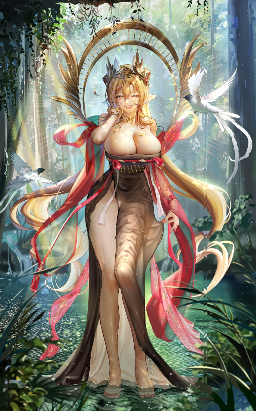 1girl absurdres bird blonde_hair breasts brown_dress cleavage dress fh_moya forest grin halo highres large_breasts long_hair nature one_eye_closed original red_shawl shawl side_slit smile solo strapless strapless_dress tiara very_long_hair wading wet wet_clothes white_bird yellow_eyes