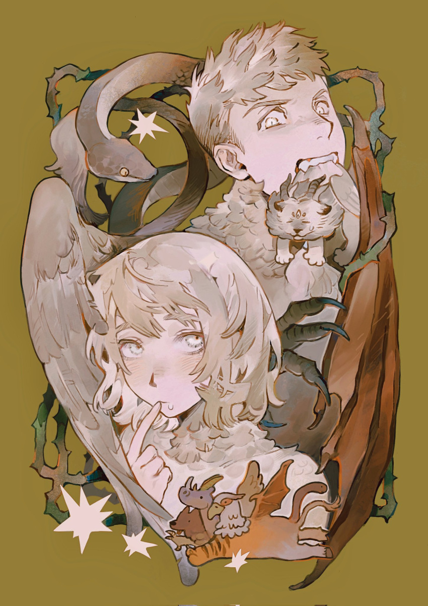 1boy 1girl angry biting brother_and_sister chimera cropped_shoulders curious demon_horns demon_wings duanzhaorz dungeon_meshi falin_thorden fangs feathered_wings finger_to_mouth food food_on_face grey_hair highres horns index_finger_raised laios_thorden lion looking_at_viewer monster_boy monster_girl mouth_hold short_hair siblings size_difference snake spoilers teeth_hold third_eye thorns winged_lion_(dungeon_meshi) wings yellow_background