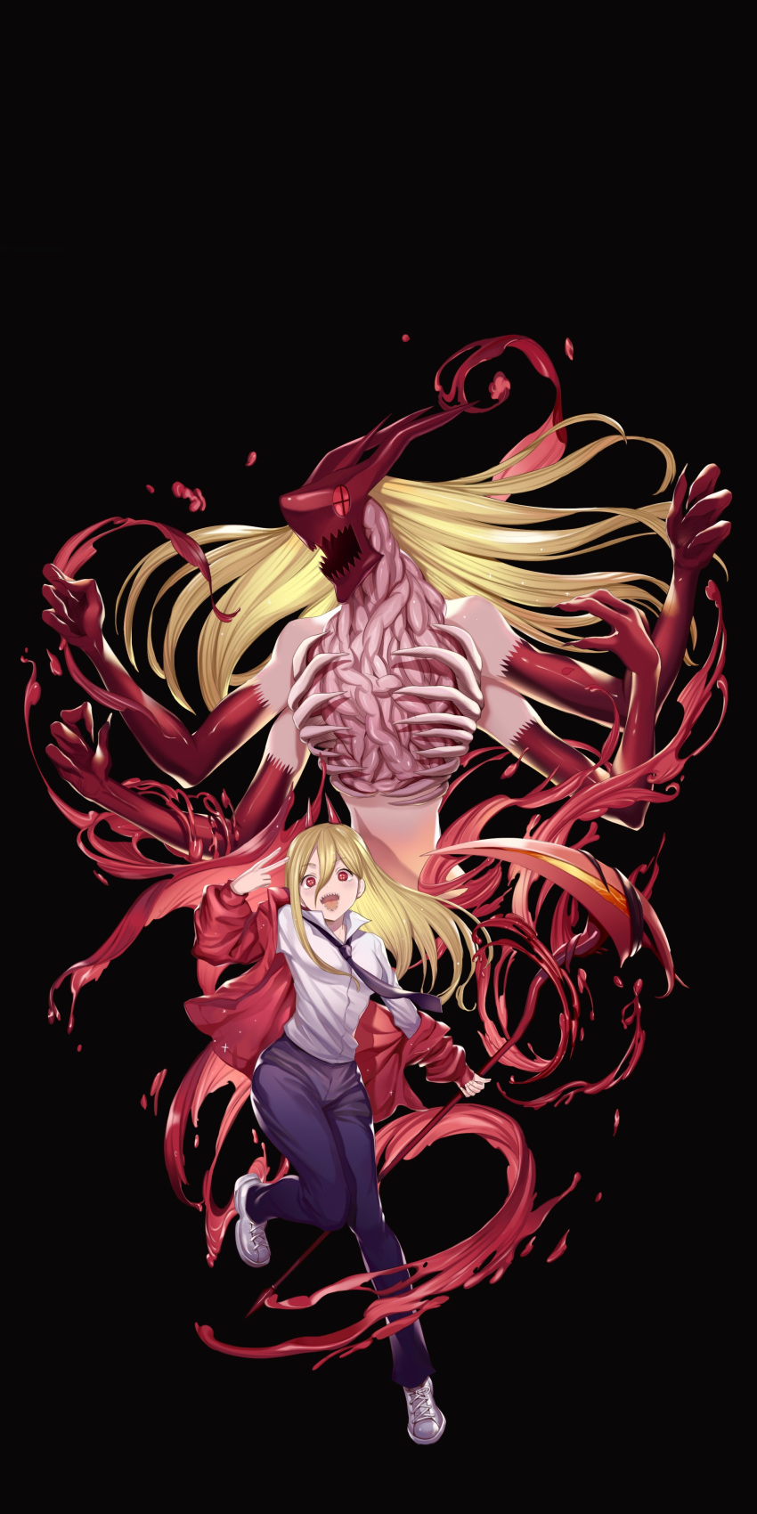 1girl absurdres black_background black_necktie black_pants blood blood_devil_(chainsaw_man) breasts chainsaw_man collared_shirt commentary cross-shaped_pupils dark_background dual_persona extra_arms extra_horns hair_between_eyes hemokinesis highres holding holding_scythe horns intestines jacket kiunchiku long_hair looking_at_viewer monster_girl necktie off_shoulder open_mouth pants power_(chainsaw_man) red_eyes red_horns red_jacket ribs scythe sharp_teeth shirt shirt_tucked_in shoes simple_background small_breasts smile sneakers symbol-shaped_pupils teeth very_long_hair white_footwear white_shirt