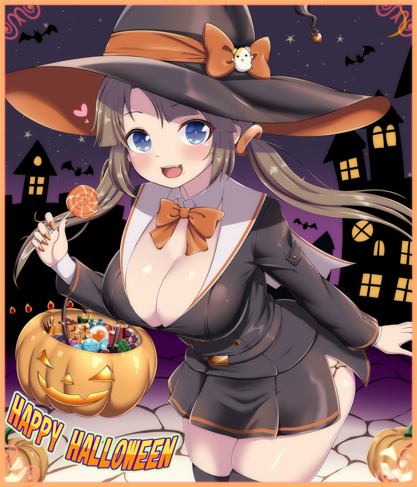1girl alternate_costume bat_(animal) bat_wings belt black_belt black_skirt black_thighhighs blue_eyes blush bow bowtie breasts brown_hair bucket building candy candy_wrapper chocolate chocolate_bar city_lights cleavage cobblestone cross-laced_slit detached_collar fang food food_on_face gradient_sky hair_ornament halloween halloween_bucket halloween_costume hamster happy_halloween hat heart highres holding holding_candy holding_food holding_lollipop jack-o'-lantern large_breasts lollipop long_hair looking_at_viewer minori_(senran_kagura) namanama12ruiji night night_sky open_mouth orange_bow orange_bowtie pleated_skirt pumpkin ring_hair_ornament senran_kagura senran_kagura_shinovi_versus shiny_skin side_slit skindentation skirt sky smile solo standing star_(sky) star_(symbol) starry_sky sweets swirl_lollipop thighhighs tongue trick_or_treat twintails wings witch witch_hat wrapped_candy