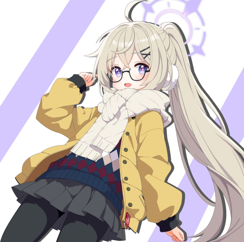 1girl ahoge black-framed_eyewear black_pantyhose black_skirt blonde_hair blue_archive blush cowboy_shot earmuffs glasses hair_between_eyes halo highres jacket kotama_(blue_archive) kotama_(camp)_(blue_archive) long_hair looking_at_viewer mutsuse official_alternate_costume open_clothes open_jacket open_mouth pantyhose pleated_skirt purple_eyes purple_halo scarf skirt smile solo white_scarf yellow_jacket