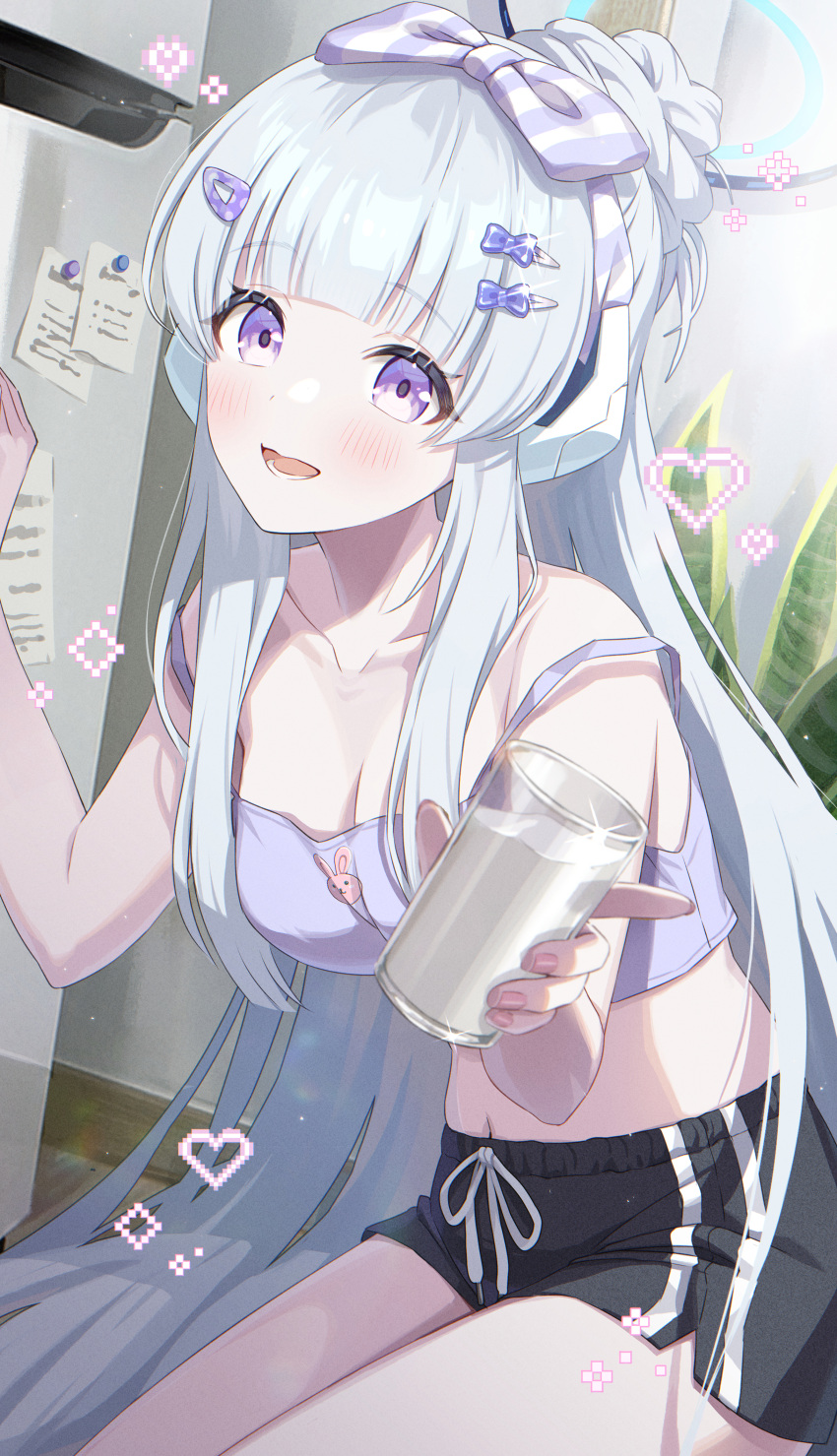 1girl absurdres black_shorts blue_archive blush bow breasts cleavage collarbone cowboy_shot cup fingernails grey_hair hair_bow hair_ornament hairclip halo heart highres holding holding_cup indoors large_breasts long_hair looking_at_viewer mechanical_halo momomoi_momoi noa_(blue_archive) open_mouth purple_eyes shorts solo striped striped_bow vertical_stripes