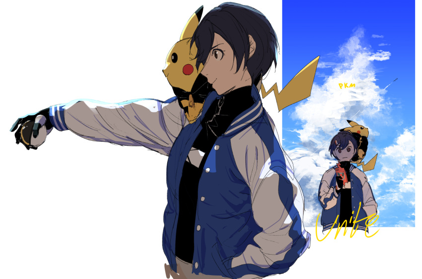 androgynous animal_on_shoulder black_gloves blue_jacket brown_eyes co1d_07 copyright_name gloves hair_ornament hairclip highres jacket original pikachu poke_ball pokemon pokemon_(creature) pokemon_unite profile rotom rotom_phone ultra_ball