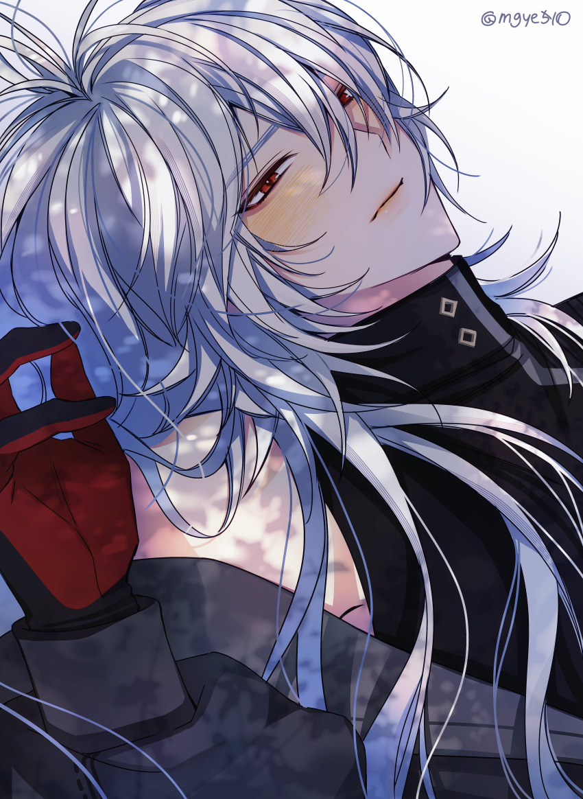 1boy a_date_with_death absurdres bare_shoulders bishounen black_gloves casper_(a_date_with_death) gloves highres long_hair male_focus mgye510 red_eyes simple_background smile solo white_background white_hair