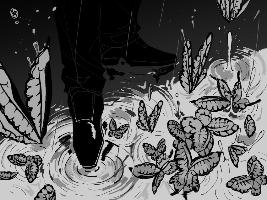 1boy bug butterfly funeral_of_the_dead_butterflies greyscale highres lobotomy_corporation lower_body maskv monochrome pants project_moon rain ripples shoes water