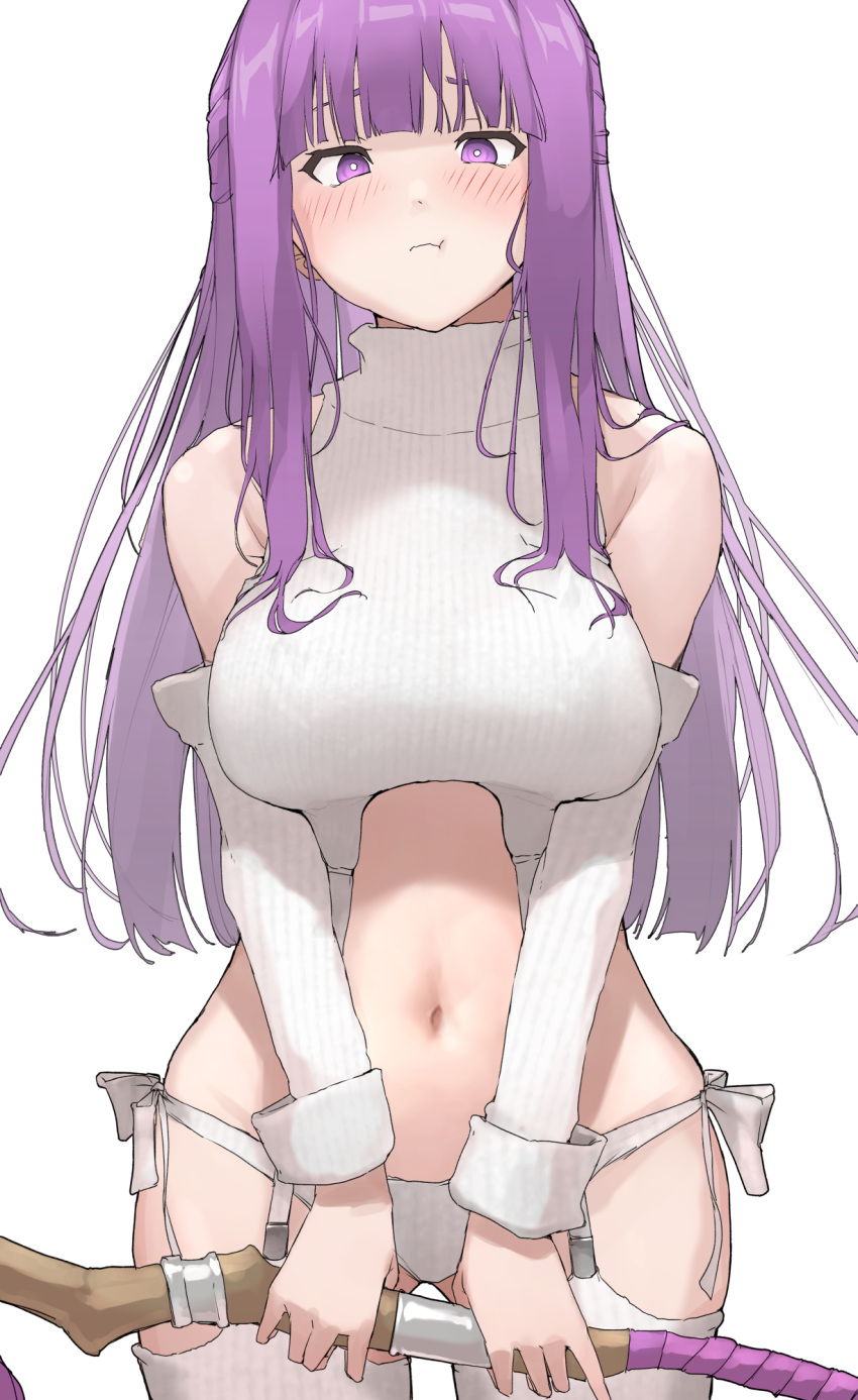 1girl :t alternate_costume bare_shoulders blunt_bangs breasts commentary detached_sleeves fern_(sousou_no_frieren) highres holding holding_staff large_breasts long_hair looking_at_viewer mage_staff mitsuru_(pixiv_34028718) panties pout purple_eyes purple_hair ribbed_legwear ribbed_panties ribbed_sleeves ribbed_sweater ribbed_thighhighs simple_background solo sousou_no_frieren staff sweater symbol-only_commentary thighhighs turtleneck turtleneck_sweater underwear virgin_destroyer_sweater white_background white_panties white_sleeves white_sweater white_thighhighs