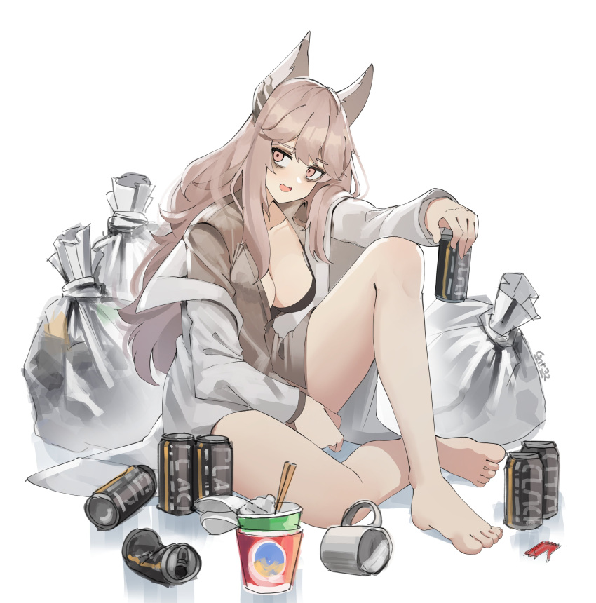 1girl absurdres animal_ears bags_under_eyes barefoot bra breasts brown_shirt can cat_ears coat crushed_can cup gar32 girls'_frontline highres holding holding_can lab_coat long_hair looking_at_viewer messy_hair mug open_clothes open_coat open_mouth persica_(girls'_frontline) pink_eyes pink_hair shirt sitting smile solo trash_bag underwear white_background
