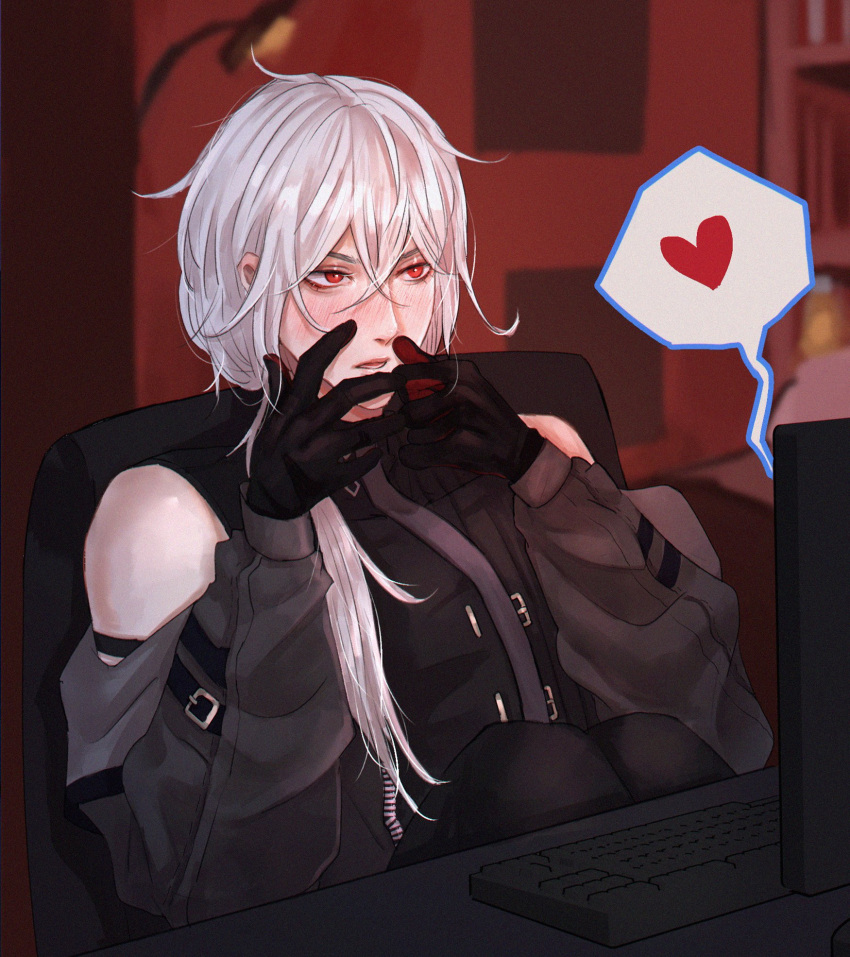 1boy a_date_with_death bare_shoulders black_gloves casper_(a_date_with_death) chair computer gloves heart highres jacket keyboard_(computer) long_hair male_focus pearl_mkmm red_eyes sitting solo spoken_heart white_hair