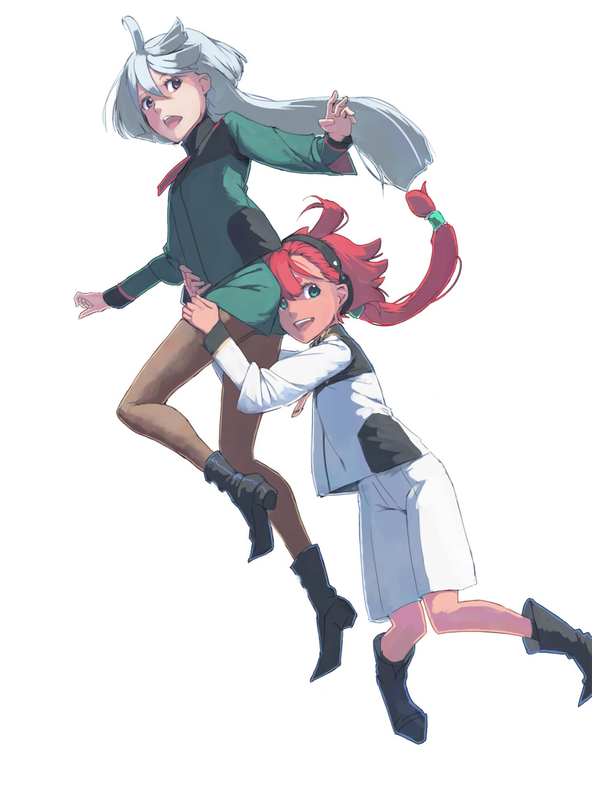 2girls :d akinbo_(hyouka_fuyou) asticassia_school_uniform black_footwear boots brown_eyes brown_pantyhose floating_hair green_eyes green_jacket green_shorts grey_hair gundam gundam_suisei_no_majo hair_between_eyes head_on_ass highres jacket long_hair long_sleeves low_ponytail miorine_rembran multiple_girls open_mouth pantyhose red_hair school_uniform short_shorts shorts simple_background smile suletta_mercury very_long_hair white_background white_jacket white_shorts