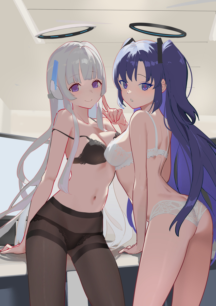 2girls absurdres ass black_bra black_panties black_pantyhose blue_archive bra breasts closed_mouth grey_hair halo headphones highres leaning_forward long_hair looking_at_viewer medium_breasts multiple_girls navel noa_(blue_archive) nuda panties panties_under_pantyhose pantyhose purple_eyes purple_hair smile strap_slip two_side_up underwear underwear_only very_long_hair white_bra white_panties yuuka_(blue_archive)