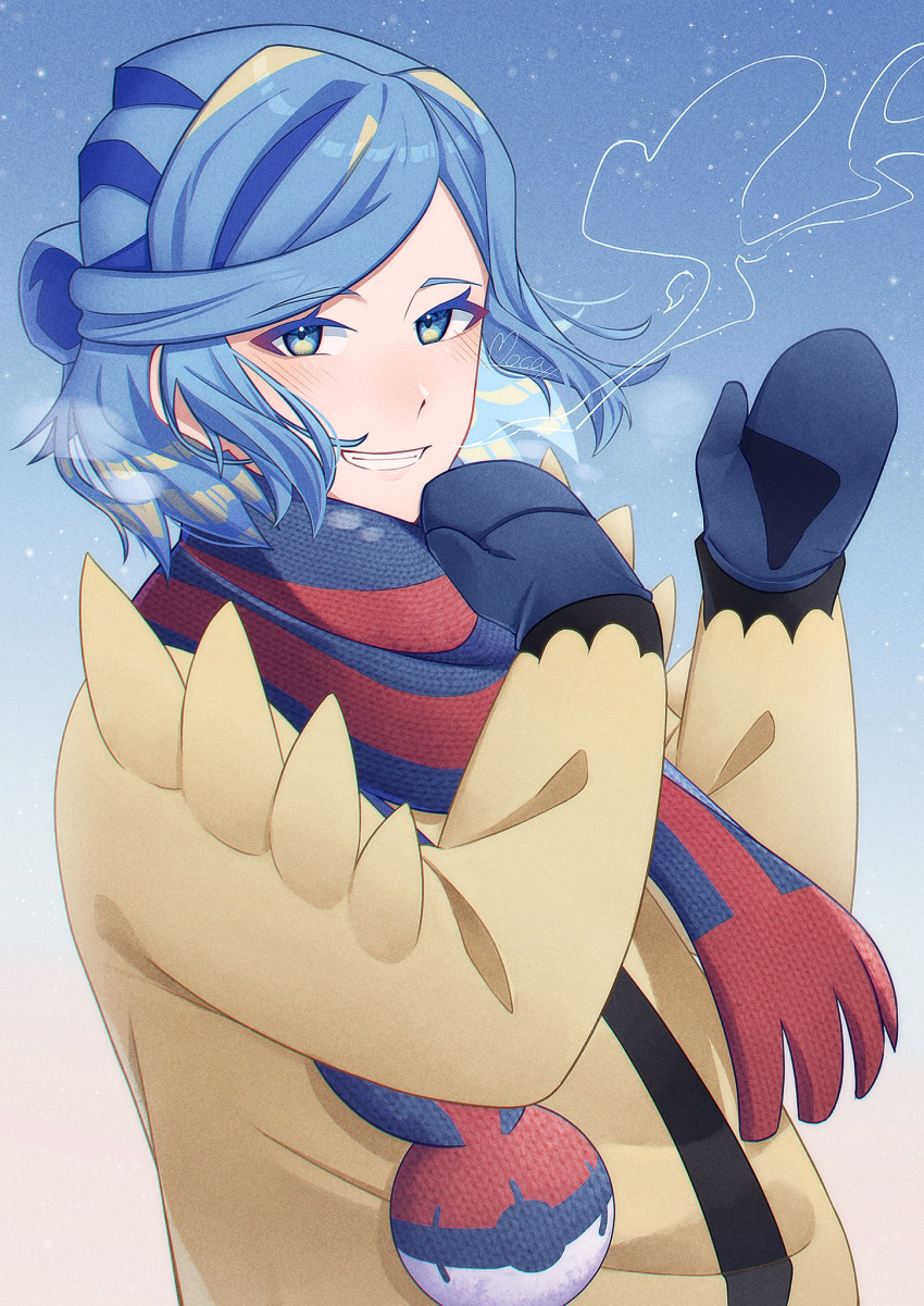 1boy blue_hair blue_mittens blue_scarf blush breath commentary_request grin grusha_(pokemon) half_updo hands_up highres jacket long_sleeves looking_at_viewer male_focus mittens mocacoffee_1001 poke_ball_print pokemon pokemon_sv scarf signature smile solo striped striped_scarf teeth upper_body yellow_jacket