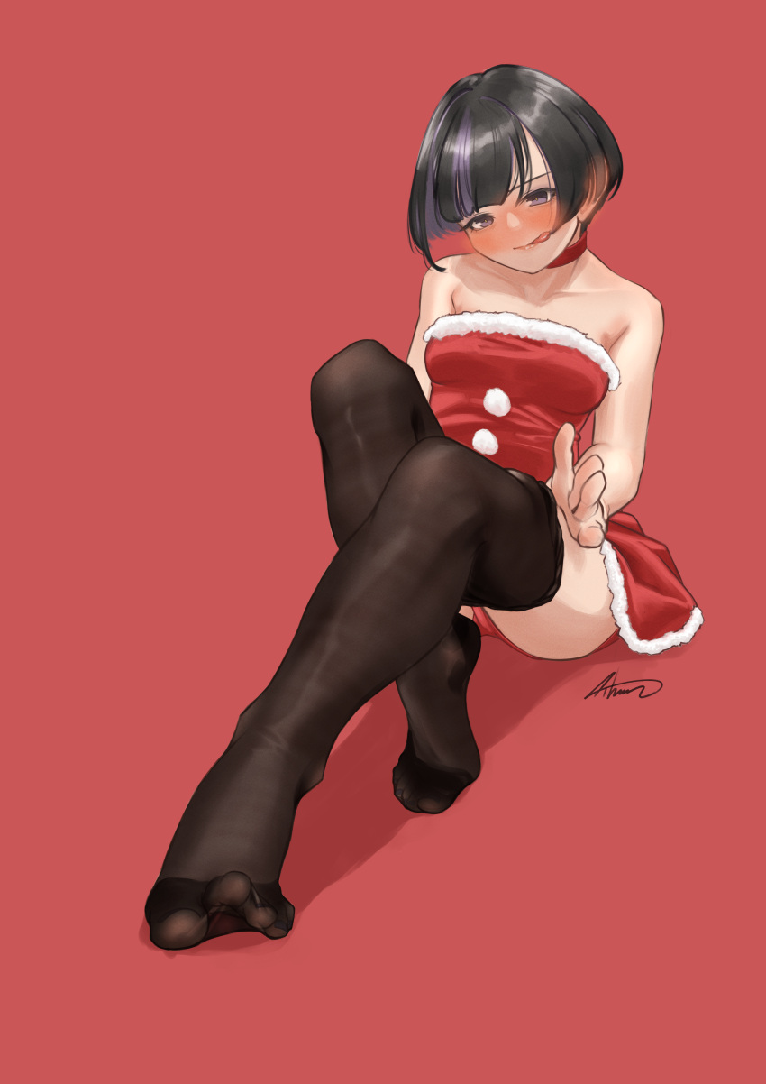 1girl absurdres aiharararara bare_shoulders black_hair black_pantyhose blush breasts choker clothes_pull collarbone dorsiflexion dress feet foreshortening fur-trimmed_dress fur_trim highres knees_up legs licking_lips looking_at_viewer medium_breasts multicolored_hair no_shoes on_ground original pantyhose pantyhose_pull purple_eyes purple_hair red_background red_choker red_dress see-through see-through_legwear short_dress short_hair signature simple_background sitting solo strapless strapless_dress streaked_hair textless_version toenails toes tongue tongue_out