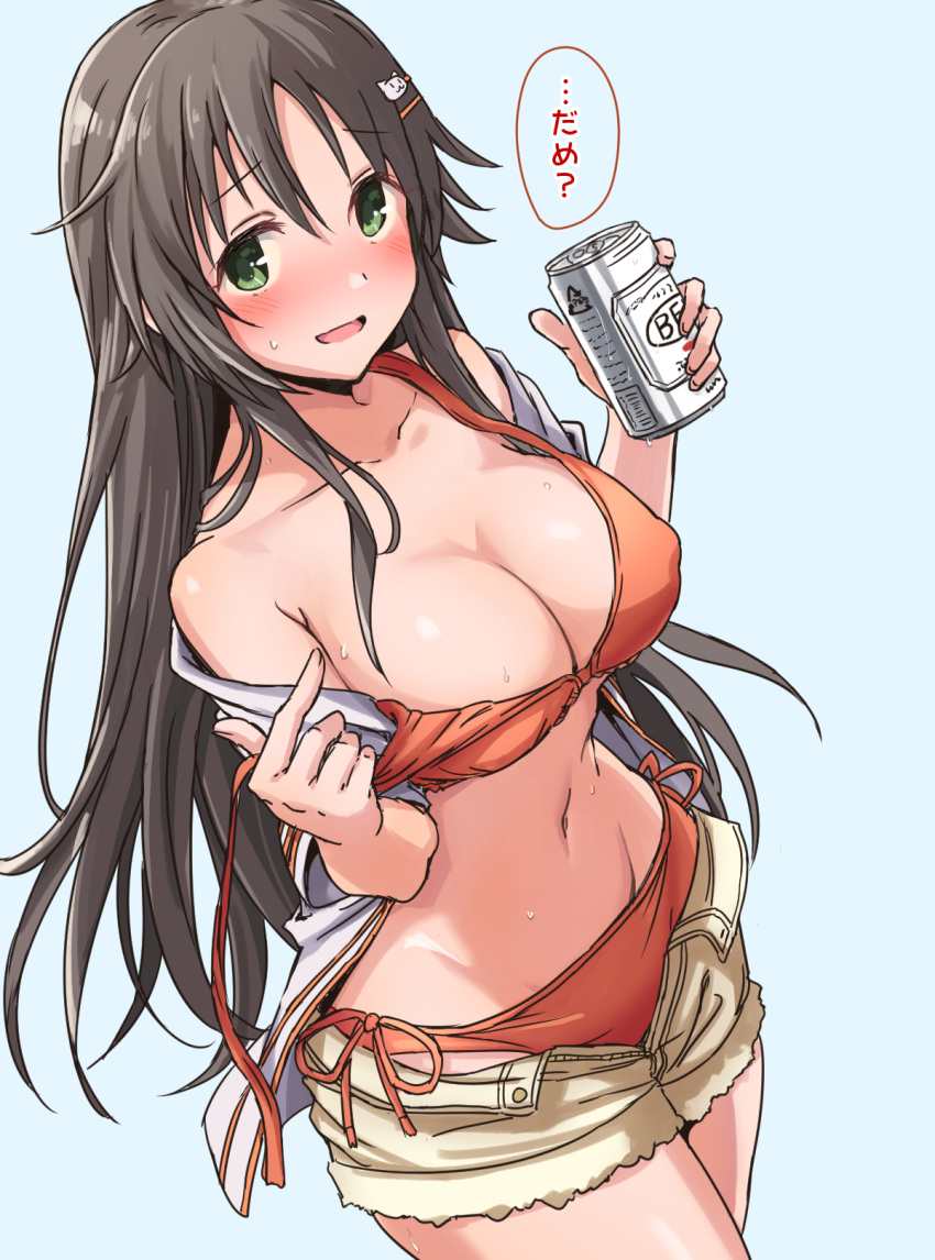 alcohol bare_shoulders beer beer_can bikini bikini_pull bikini_under_clothes blue_background blush breasts brown_hair can casual cleavage covered_nipples eyebrows_visible_through_hair fang green_eyes groin hair_between_eyes hair_ornament hairclip highres himekawa_yuki idolmaster idolmaster_cinderella_girls large_breasts long_hair looking_at_viewer open_mouth orange_bikini short_shorts shorts side-tie_bikini simple_background solo starheart stomach strap_pull swimsuit thighs tongue translation_request untied untied_bikini