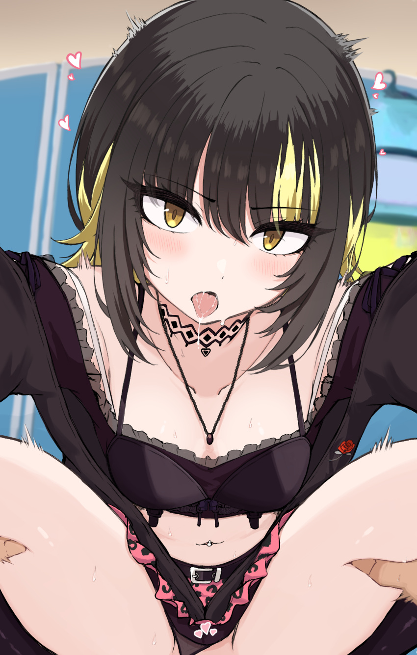 1boy 1girl belt_buckle black_hair black_jacket black_panties blonde_hair blush breasts buckle clothing_aside collarbone crop_top deep_skin heart hetero highres holding_another's_leg idolmaster idolmaster_shiny_colors ikaruga_luca implied_sex indoors jacket looking_at_viewer midriff multicolored_hair navel_piercing out-of-frame_censoring panties panties_aside piercing pov pov_hands sidelocks small_breasts spread_legs stomach straddling streaked_hair sweat temari_rin tongue tongue_out underwear upright_straddle