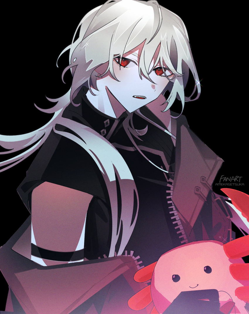1boy a_date_with_death bare_shoulders bishounen black_background casper_(a_date_with_death) coat highres jacket long_hair male_focus moonplls red_eyes simple_background sleeveless solo white_hair