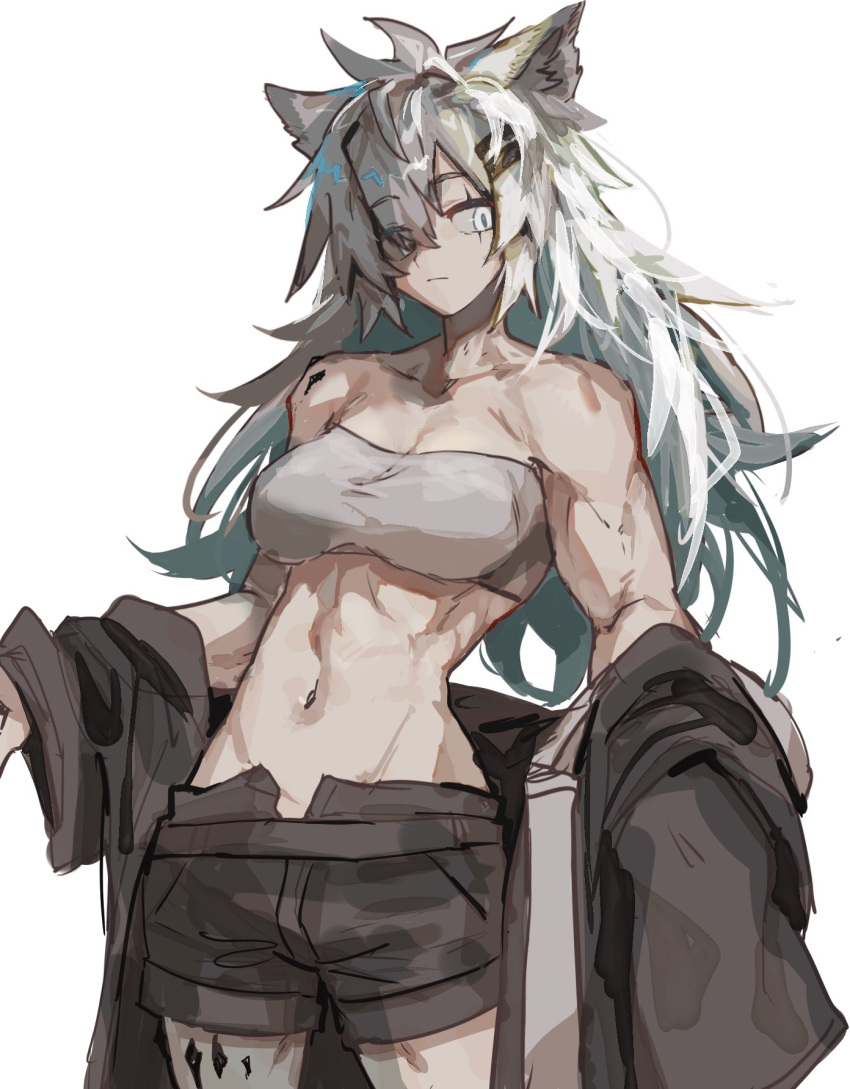 1girl animal_ear_fluff animal_ears antenna_hair arknights bandeau bare_arms bare_shoulders belt biceps black_belt black_jacket black_shorts breasts cleavage closed_mouth collarbone commentary cowboy_shot expressionless grey_eyes grey_hair groin_tendon hair_between_eyes hair_ornament hair_over_one_eye hairclip highres jacket jacket_partially_removed lappland_(arknights) long_hair long_sleeves looking_at_viewer medium_breasts messy_hair midriff mutomorokoshi navel open_clothes open_fly open_jacket oripathy_lesion_(arknights) raised_eyebrows scar scar_across_eye scar_on_face shadow short_shorts shorts simple_background sleeves_past_fingers sleeves_past_wrists solo standing stomach strapless toned tube_top very_long_hair white_background white_bandeau wide_sleeves wolf_ears wolf_girl