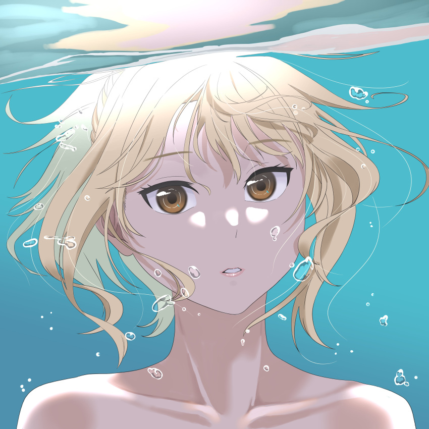 1girl absurdres air_bubble blonde_hair brown_eyes bubble collarbone floating_hair highres looking_at_viewer love_live! love_live!_nijigasaki_high_school_idol_club miyashita_ai nude parted_lips portrait s_sho_mkrn short_hair solo underwater