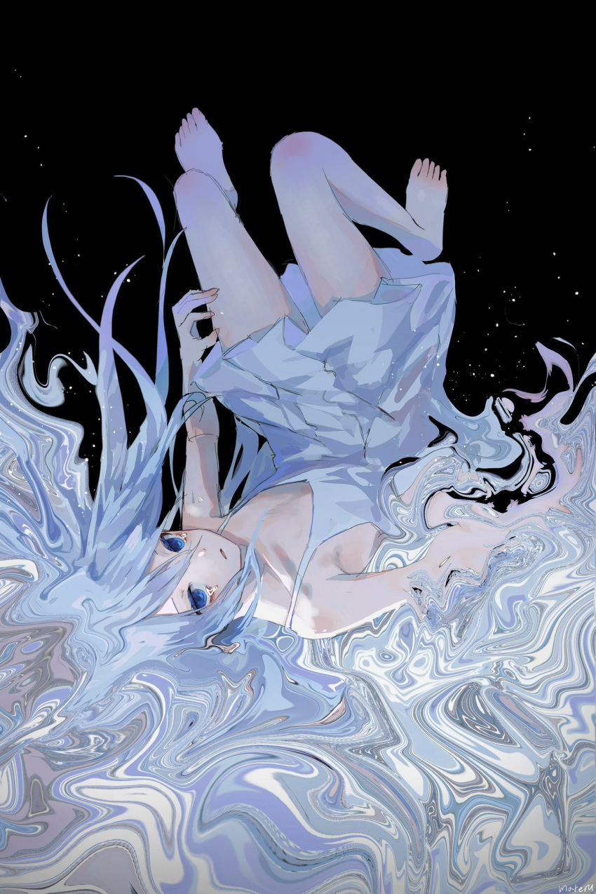 1girl black_background blue_dress blue_eyes blue_hair collarbone commentary crying crying_with_eyes_open dissolving distortion dress flat_chest highres light_blue_hair light_particles long_hair looking_at_viewer mareru project_sekai solo surreal tearing_up tears upside-down yoisaki_kanade