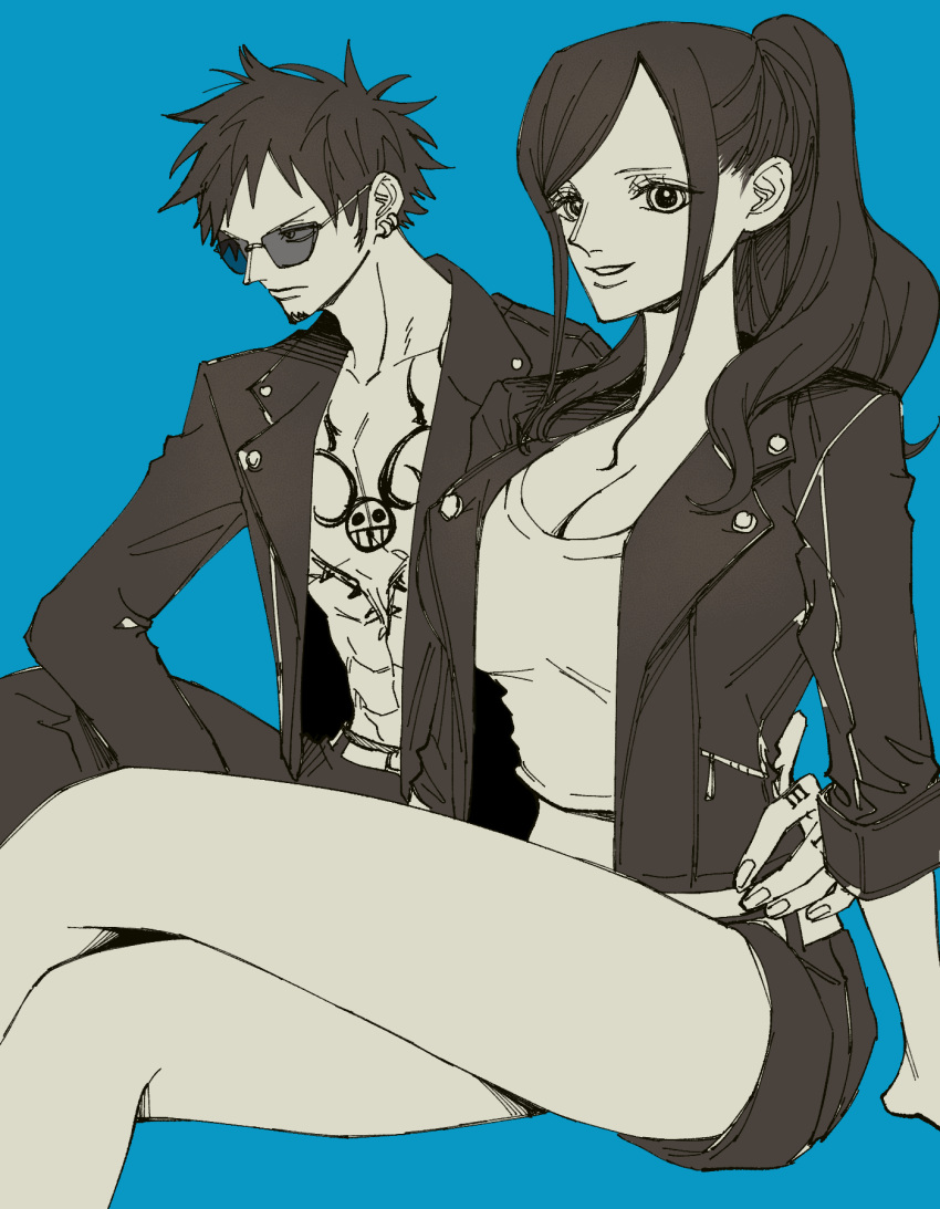 1boy 1girl belt blue_background breasts chest_tattoo cleavage closed_mouth commentary_request crossed_legs earrings facial_hair goatee hand_on_another's_hip hand_tattoo hetero highres jacket jewelry large_breasts leather leather_jacket long_hair long_sleeves looking_at_viewer monochrome nico_robin nsgw one_piece open_clothes pants ponytail shirt shorts simple_background sitting smile sunglasses tattoo trafalgar_law