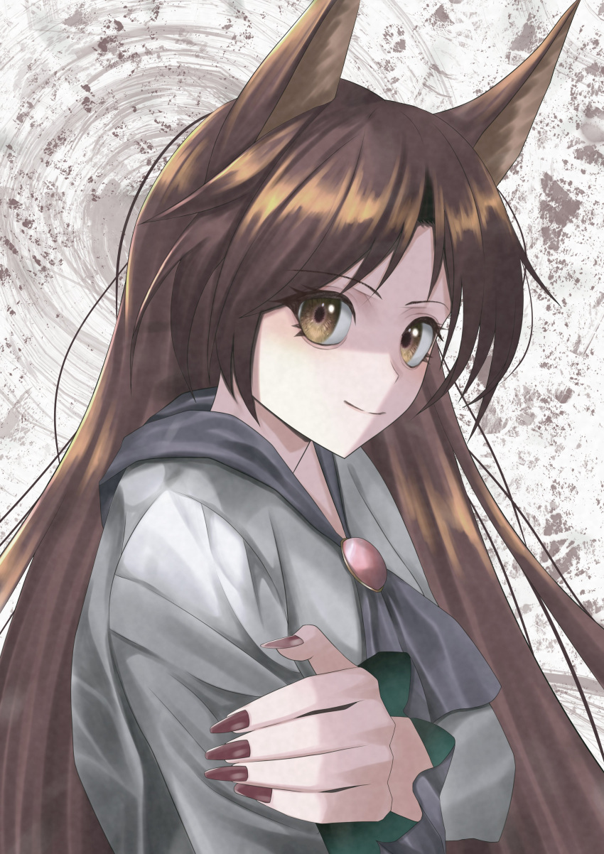1girl abstract_background absurdres animal_ears brooch brown_eyes brown_hair brown_nails closed_mouth commentary_request dress fingernails grey_background grey_dress highres imaizumi_kagerou jewelry long_fingernails long_hair looking_at_viewer portrait red_brooch short_bangs smile solo tofuandsoup touhou upper_body wolf_ears wolf_girl