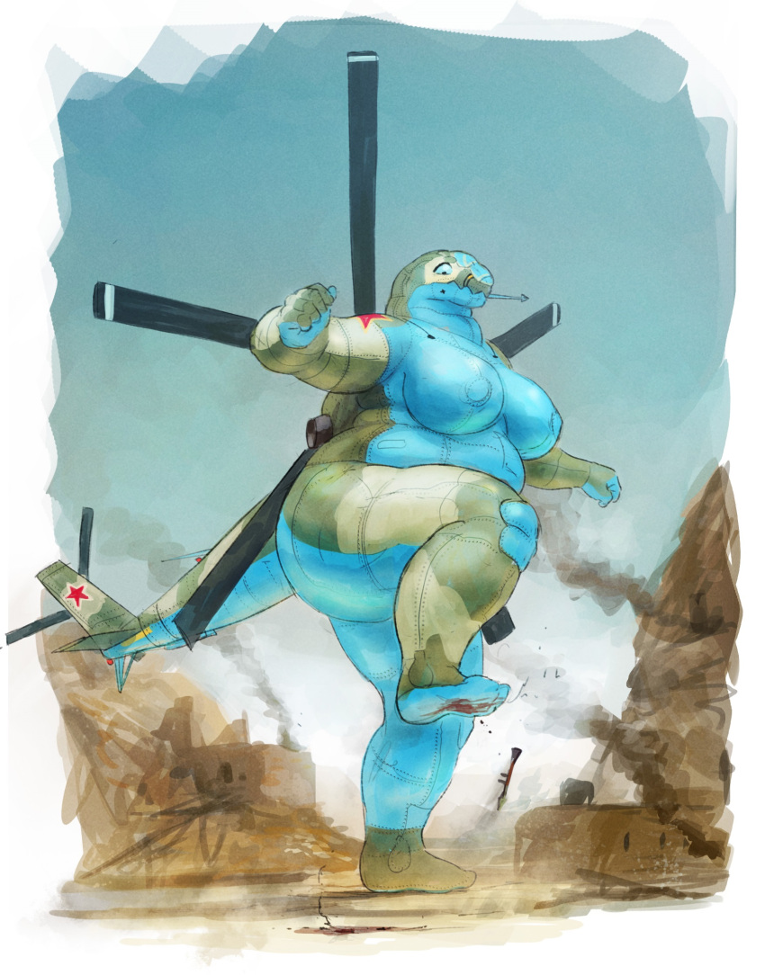 2022 aircraft anthro areola big_breasts blood blood_stain bodily_fluids breasts cettus female foot_crush gun helicopter hi_res living_aircraft living_machine living_vehicle machine macro mi-24 nude outside overweight overweight_anthro overweight_female ranged_weapon robot rocket_launcher rotor rpg-7 solo stomped stomping vehicle weapon