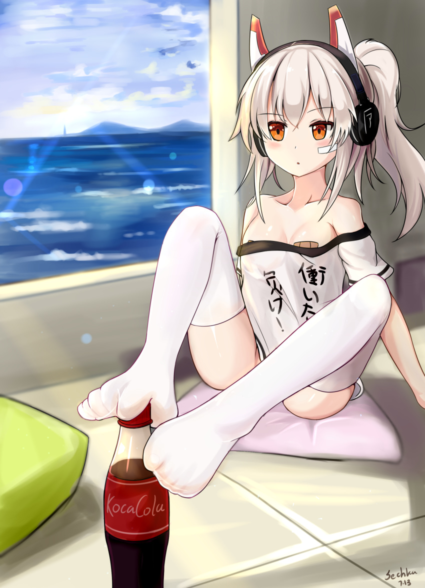 :o absurdres ass ayanami_(azur_lane) azur_lane bandaid bandaids_on_nipples bangs bare_shoulders blue_sky blush bottle breasts cloud coke_bottle collarbone commentary_request day eyebrows_visible_through_hair feet foot_hold hair_between_eyes headgear headphones high_ponytail highres horizon indoors long_hair ocean off_shoulder parted_lips pasties red_eyes sechka shirt short_sleeves side_ponytail sidelocks silver_hair sitting sky small_breasts solo sunlight thighhighs thighs water white_legwear white_shirt