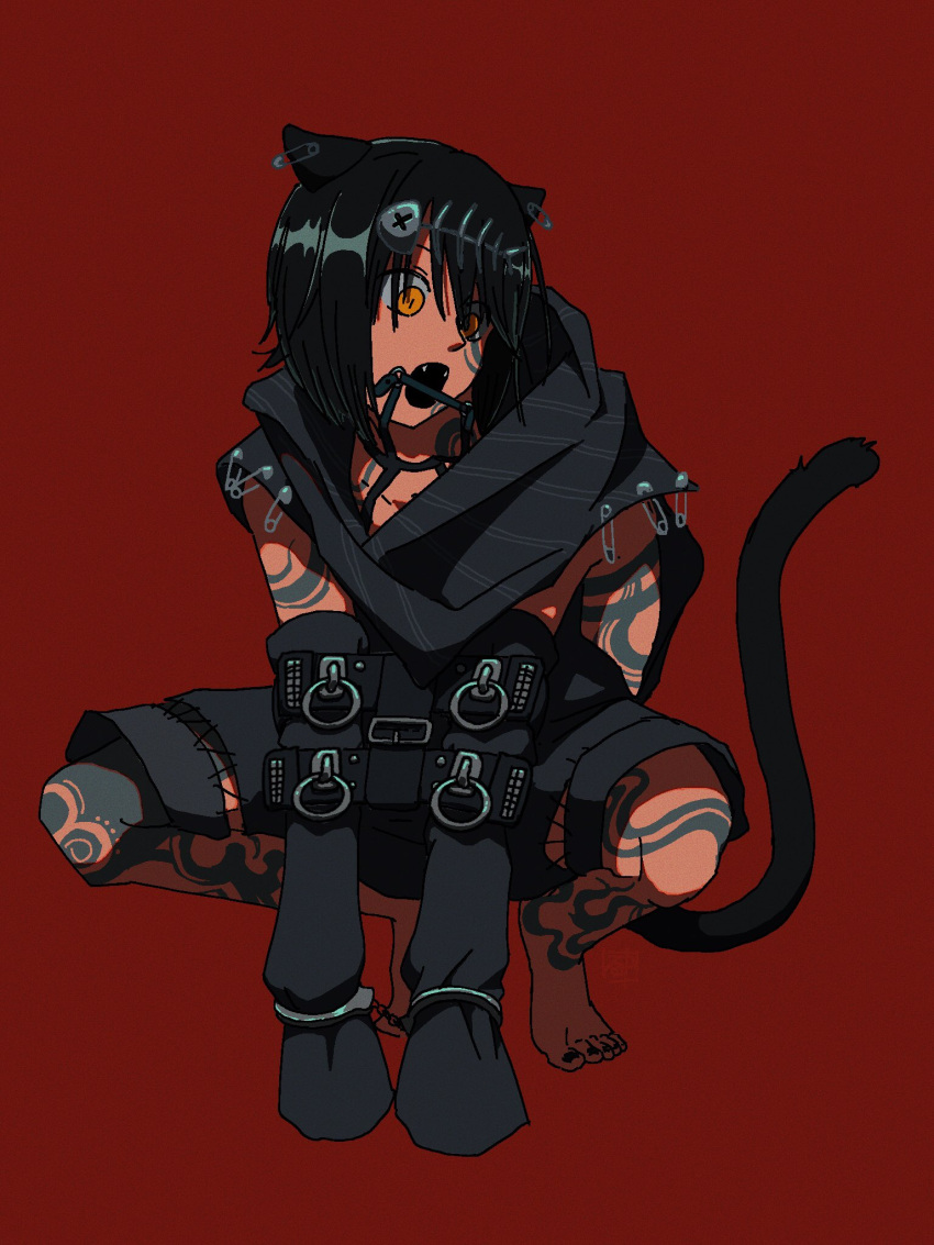 1boy :d animal_ears arm_tattoo barefoot bit_gag black_nails black_shorts bone_hair_ornament bound bound_arms cat_boy cat_ears cat_tail cuffs detached_sleeves ear_piercing earrings facial_mark facial_tattoo fangs fish_bone full_body gag gagged hair_ornament hair_over_one_eye hairclip handcuffs highres jewelry kemonomimi_mode leg_tattoo looking_to_the_side male_focus mashiro_(nijisanji) nail_polish nijisanji open_mouth piercing prussiancatdog red_background safety_pin scarf short_hair shorts simple_background sleeves_past_fingers sleeves_past_wrists smile solo squatting stitches tail tattoo toenail_polish toenails virtual_youtuber yellow_eyes