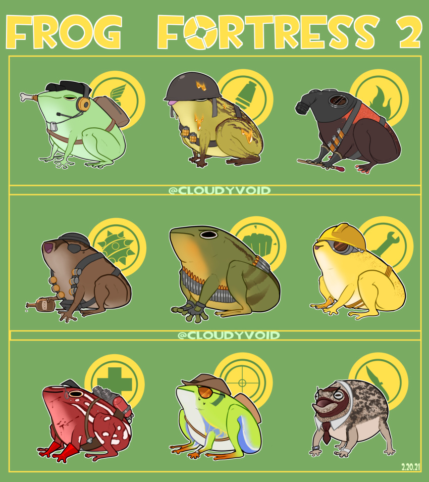 alternate_species ambiguous_gender ammunition amphibian angry angry_eyes armor backpack bag bootle brown_body brown_skin bullet bullet_belt clothing cloudyvoid demoman_(team_fortress_2) engineer_(team_fortress_2) explosives eyewear feral frog gas_mask glasses gloves green_body green_skin grenade group handwear hard_hat hat headgear headwear heavy_(team_fortress_2) helmet hi_res male markings mask medic_(team_fortress_2) necktie pyro_(team_fortress_2) red_body red_skin scout_(team_fortress_2) sitting sniper_(team_fortress_2) soldier_(team_fortress_2) spots spy_(team_fortress_2) suit team_fortress_2 toad_(frog) valve weapon yellow_body yellow_skin