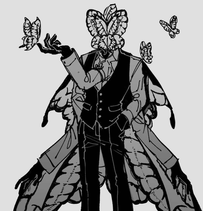 1boy bug butterfly butterfly_wings cowboy_shot extra_arms facing_viewer funeral_of_the_dead_butterflies gloves greyscale hand_in_pocket hand_up highres insect_wings lobotomy_corporation long_sleeves maskv monochrome pants project_moon simple_background solo standing vest wings