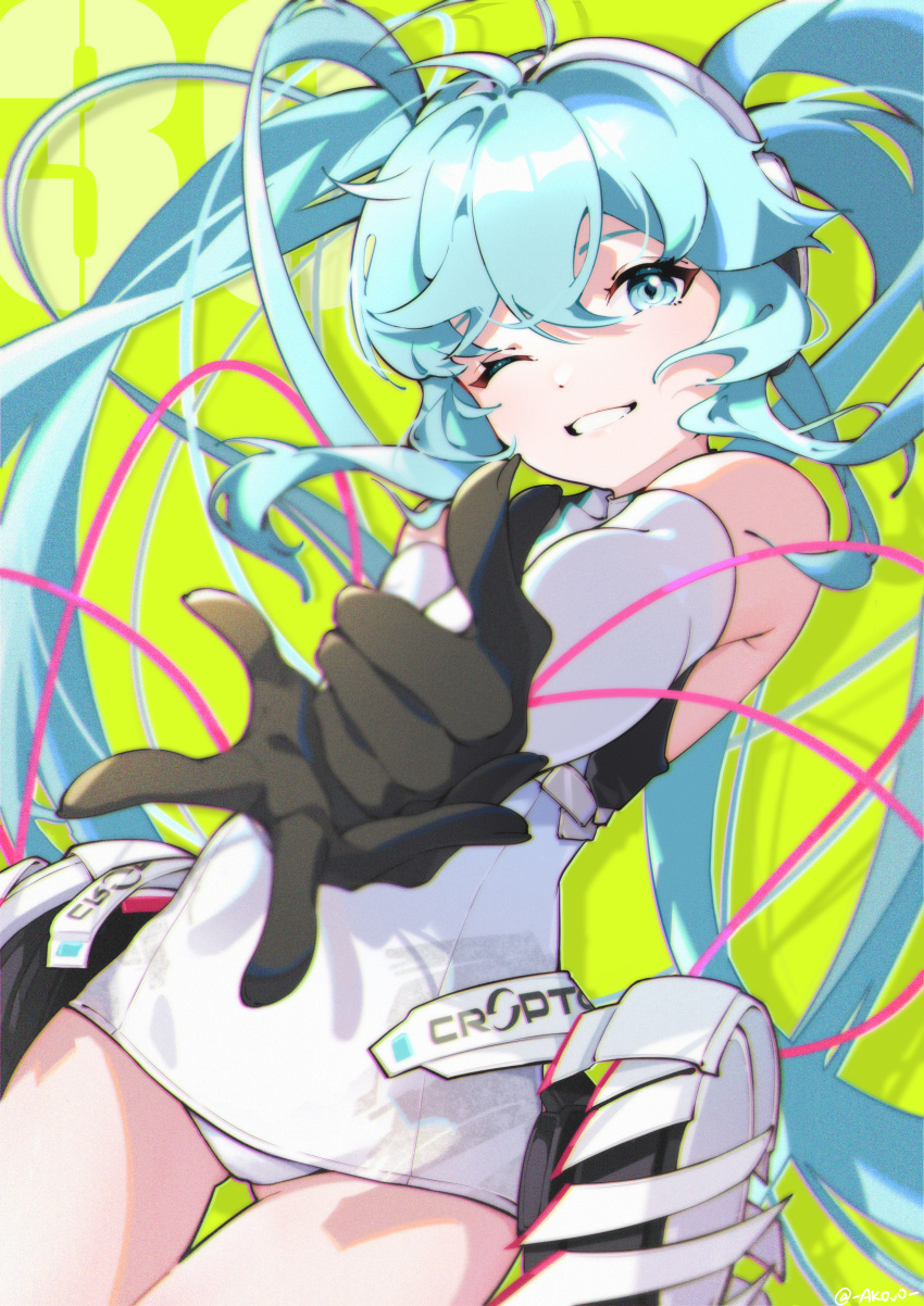 1girl 39 absurdres akovo aqua_eyes aqua_hair artist_name black_gloves cowboy_shot detached_sleeves dot_nose dutch_angle gloves gun handgun hatsune_miku highres long_hair looking_at_viewer making-of_available one_eye_closed outstretched_arms panties parted_lips racing_miku racing_miku_(2014) solo teeth underwear very_long_hair vocaloid weapon white_panties white_sleeves