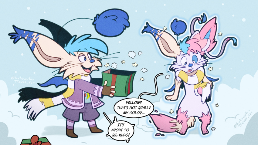 antennae_(anatomy) boots bottomwear clothing dialogue erakir erakir_(character) footwear gift_box ivalician_moogle jacket legwear magic magical_transformation pom_antennae scarf shorts snow snowing stockings topwear transformation trevor-fox twinning whiskers wings