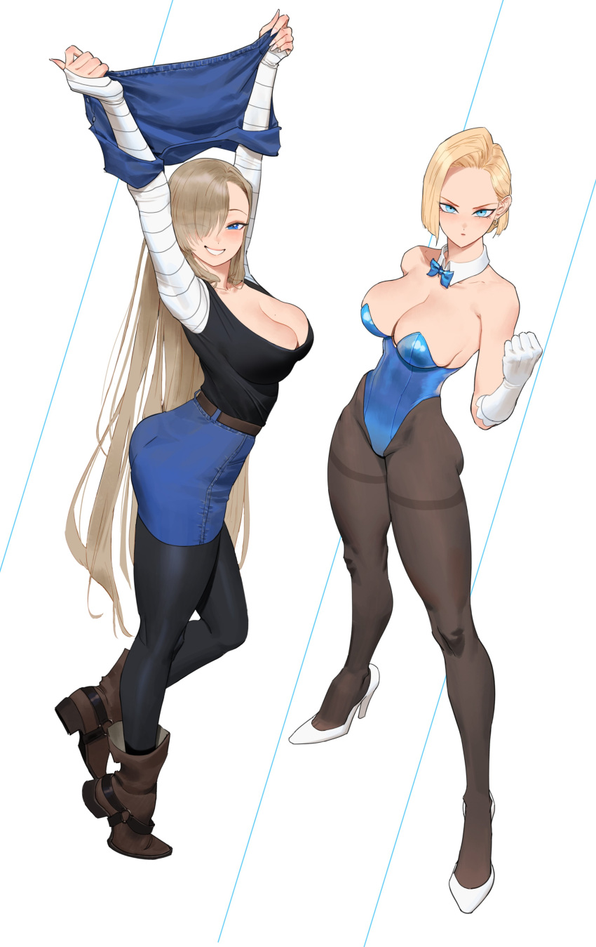 2girls absurdres android_18 android_18_(cosplay) arms_up asuna_(blue_archive) asuna_(bunny)_(blue_archive) asymmetrical_bangs bare_shoulders belt black_pantyhose black_shirt blonde_hair blue_archive blue_eyes blue_leotard boots bow bowtie breasts brown_footwear cleavage clenched_hand collarbone cosplay costume_switch denim denim_skirt denim_vest detached_collar dragon_ball dragon_ball_z elbow_gloves eyes_visible_through_hair full_body gloves hair_over_one_eye high_heels highleg highleg_leotard highres large_breasts legs leotard light_brown_hair long_hair long_sleeves looking_at_viewer multiple_girls one_eye_closed pantyhose playboy_bunny shirt shirt_tucked_in short_hair skirt sleeves_past_wrists smile strapless strapless_leotard striped_sleeves thighband_pantyhose thighs traditional_bowtie very_long_hair white_footwear white_gloves wonbin_lee