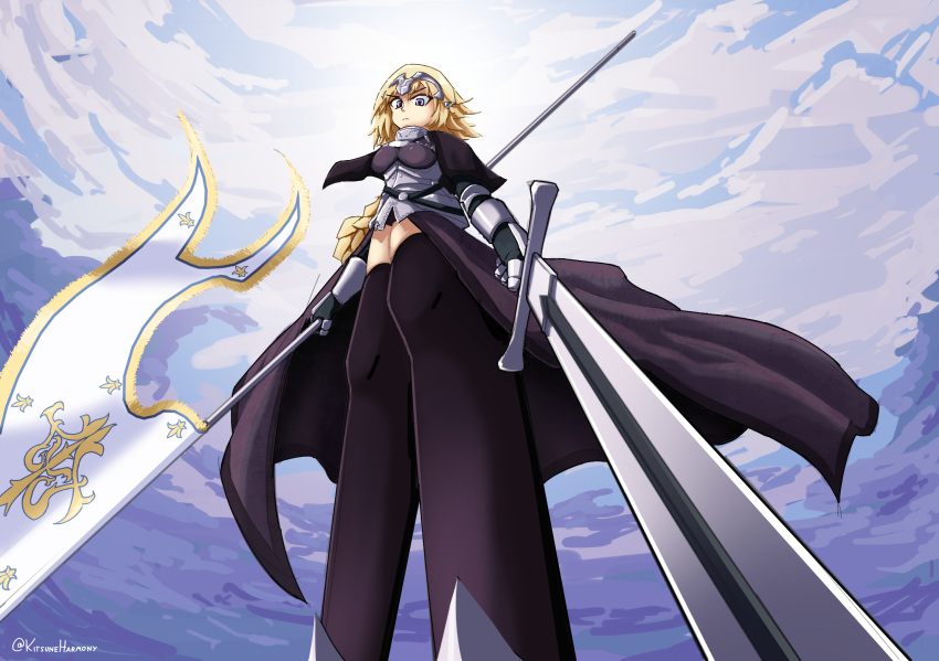 1girl armor armored_dress blonde_hair braid capelet cloud cloudy_sky fate/apocrypha fate/grand_order fate_(series) flag gauntlets headpiece highres holding holding_flag holding_polearm holding_weapon jeanne_d'arc_(fate) jeanne_d'arc_(ruler)_(fate) kitsuneharmony long_braid looking_at_viewer polearm purple_eyes sky solo sword thighhighs weapon