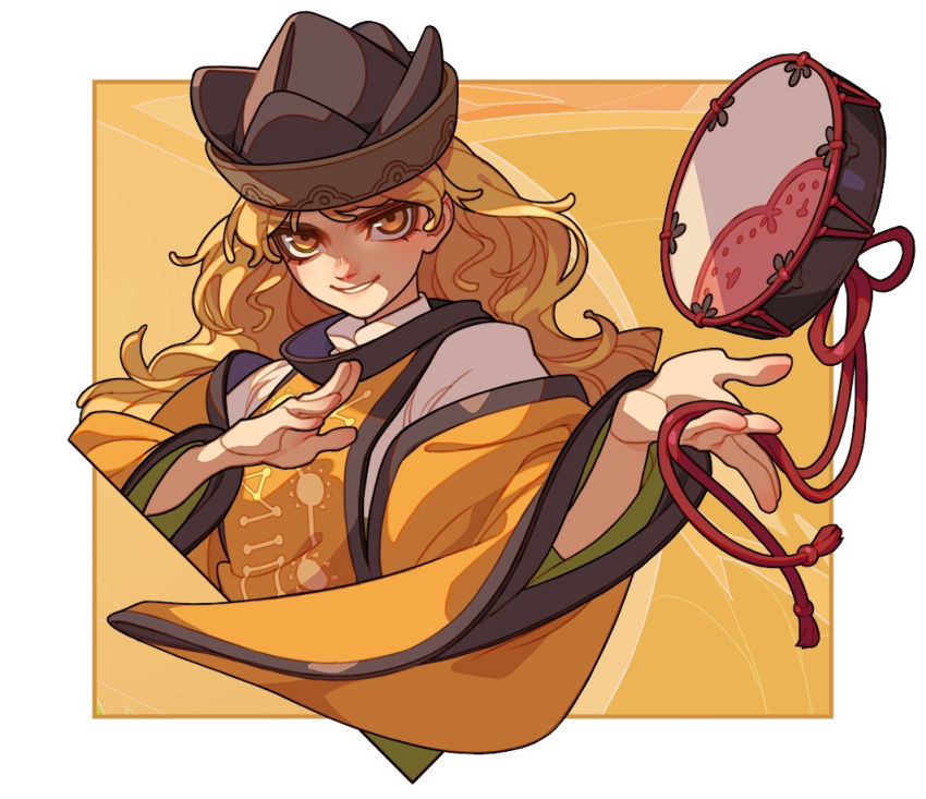 1girl blonde_hair brown_headwear drum floating floating_object instrument long_hair long_sleeves looking_at_viewer matara_okina soemy tabard touhou tsuzumi upper_body wide_sleeves yellow_eyes yellow_theme