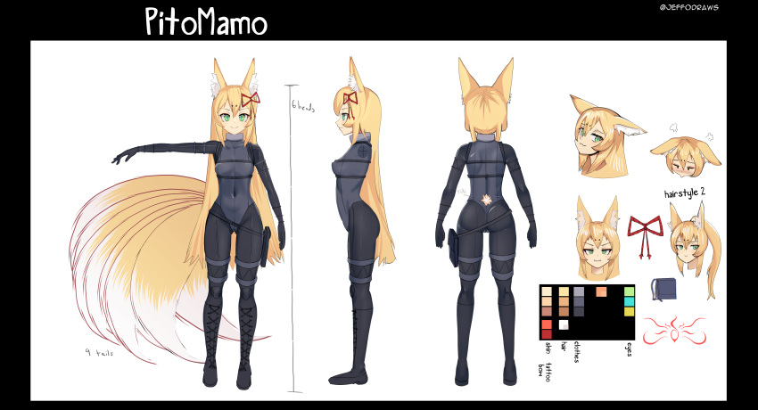 1girl :3 absurdres alternate_hairstyle animal_ear_fluff animal_ears ass back backpack bag black_bodysuit black_border blonde_hair blush bodysuit boots border breasts brown_bag character_name closed_mouth color_guide commentary commission covered_navel cross-laced_footwear ears_down english_commentary english_text expressions eyeliner fangs fox_ears fox_girl fox_tail from_side full_body green_eyes grey_leotard hair_between_eyes hair_ribbon height highres holster jeffodraws kitsune knee_boots kyuubi leotard long_hair looking_at_viewer makeup medium_breasts mon-musu_quest! monster_girl multiple_tails multiple_views outstretched_arm ponytail puff_of_air red_eyeliner reference_sheet ribbon rope shimenawa simple_background slit_pupils smile sneaking_suit standing straight-on tail tamamo_(mon-musu_quest!) tattoo variant_set very_long_hair white_background
