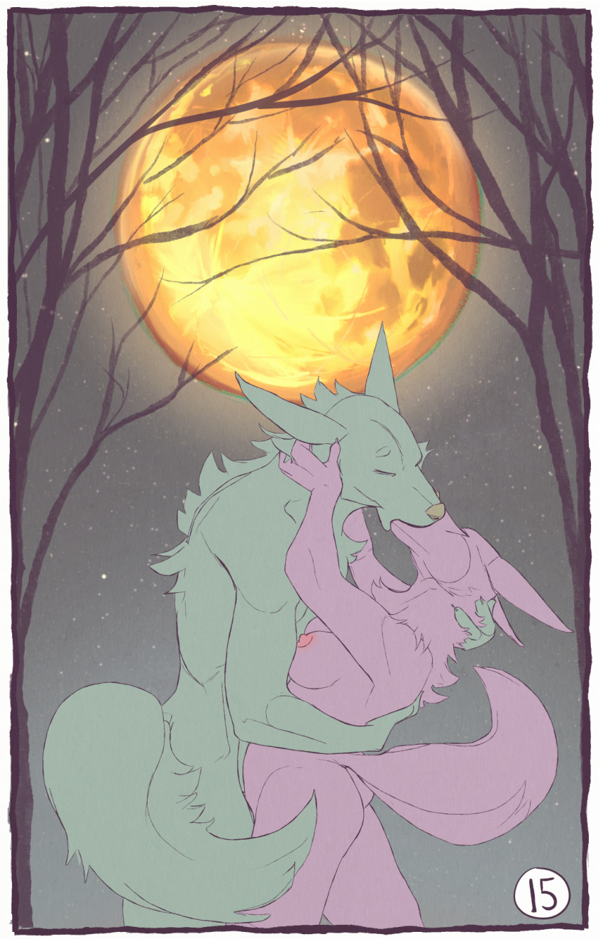 anthro border breasts canid canine circumjacentity comic deep_kiss digital_media_(artwork) duo female flat_colors fur hi_res kissing male male/female mammal moon nude plant simple_background sky star starry_sky text tree were werecanid werecanine werewolf