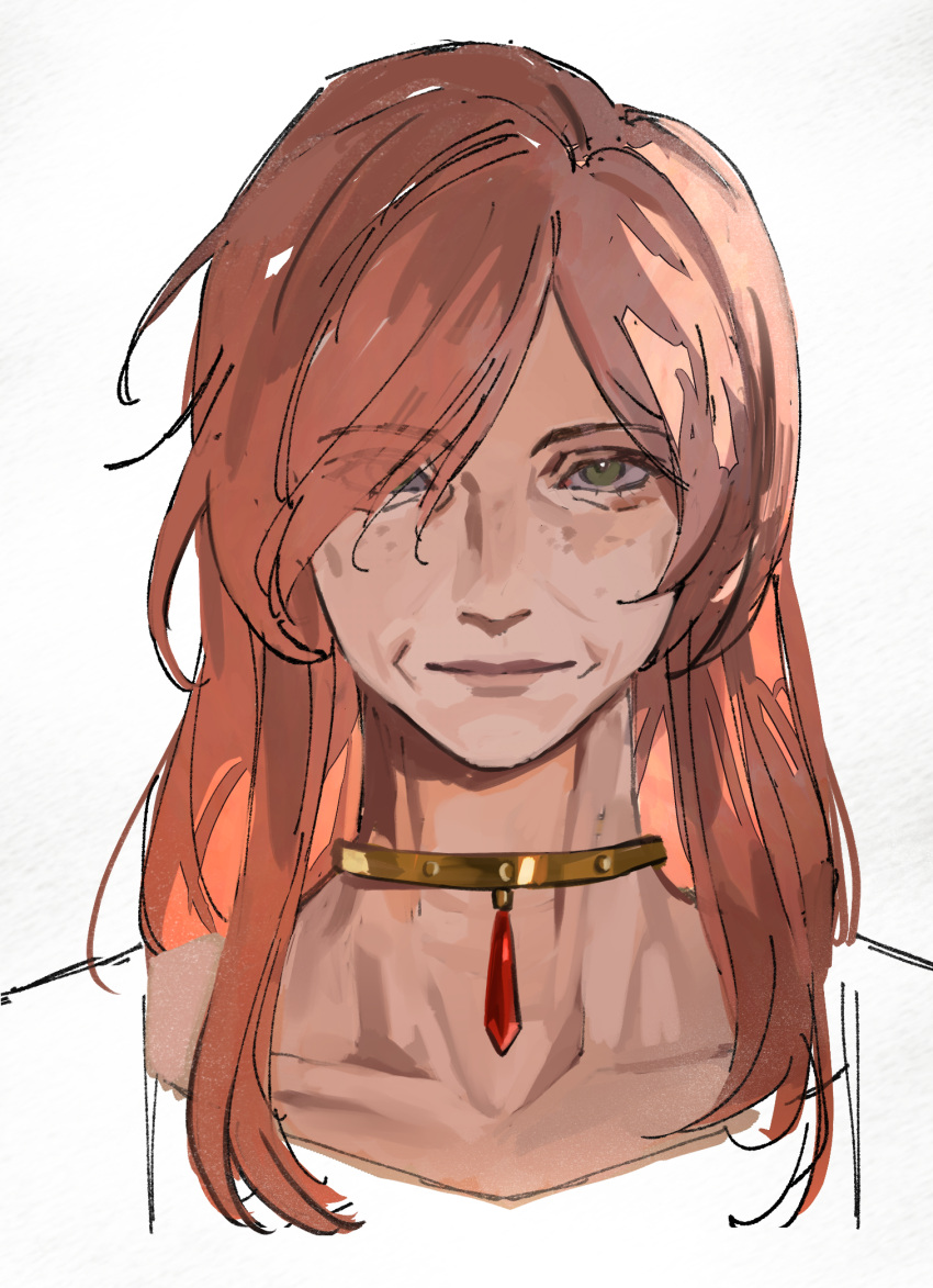 1girl aged_up closed_mouth flamme_(sousou_no_frieren) freckles gem green_eyes hair_over_one_eye haxinssy highres jewelry long_hair looking_at_viewer necklace old old_woman partially_colored portrait red_gemstone red_hair simple_background sketch smile solo sousou_no_frieren swept_bangs white_background wrinkled_skin