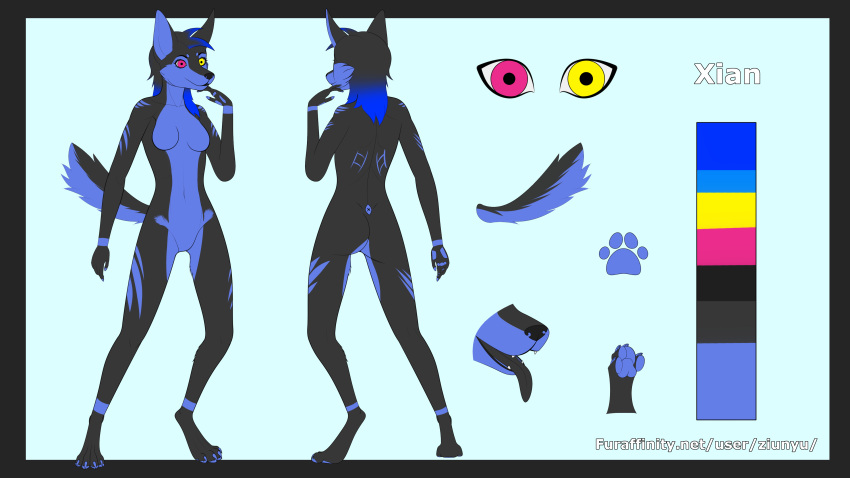 absurd_res animal_humanoid black_tongue blue_body blue_fur blue_hair canid canine canis claws digital_media_(artwork) digitigrade feet female fox front_view fur hair handpaw heterochromia hi_res humanoid mammal mammal_humanoid model_sheet multicolored_body multicolored_ears multicolored_fur multicolored_hair multicolored_tail open_mouth pawpads paws pink_eyes rear_view simple_background smile solo standing tail teeth tongue tongue_out two_tone_body two_tone_fur two_tone_hair yellow_eyes ziu_nyu