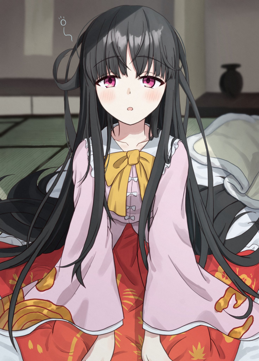 1girl beckody black_hair bow bowtie facing_viewer highres houraisan_kaguya long_hair long_skirt messy_hair pink_shirt purple_eyes red_skirt shirt skirt sleepy solo tatami touhou very_long_hair white_bow yellow_bow yellow_bowtie