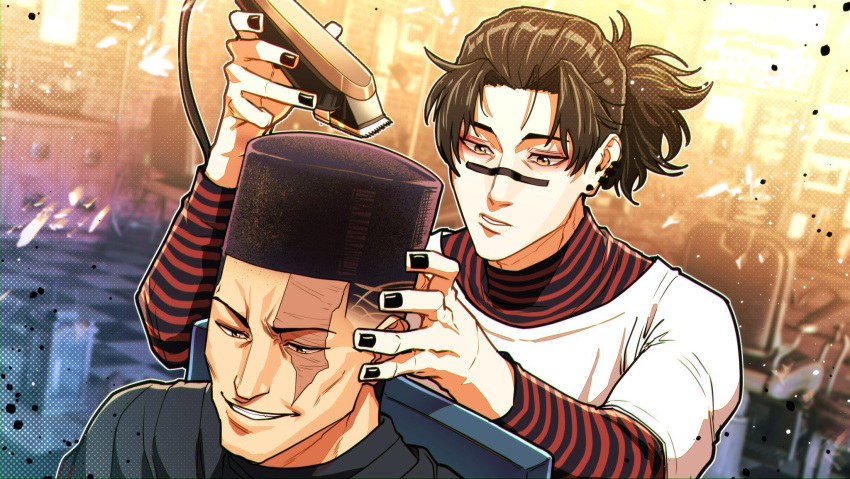 2boys barber barbershop black_hair black_nails choso_(jujutsu_kaisen) electric_razor highres jujutsu_kaisen long_sleeves multiple_boys nose_marking scar scar_across_eye shirt sitting smile striped striped_shirt thirdphp toudou_aoi_(jujutsu_kaisen)