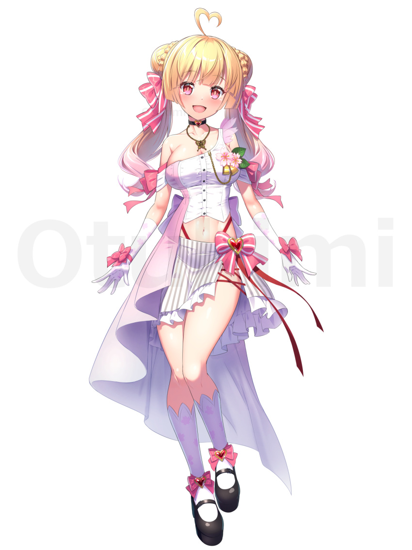 1girl :d bare_shoulders black_footwear blonde_hair breasts character_request cleavage commission double_bun full_body gloves hair_bun hair_ribbon highres iriam kuromasu long_hair looking_at_viewer medium_breasts nave off_shoulder official_art pink_eyes pink_ribbon ribbon shoes skirt smile socks solo standing stomach striped striped_ribbon striped_skirt tachi-e thighs twintails vertical-striped_skirt vertical_stripes virtual_youtuber white_gloves white_socks