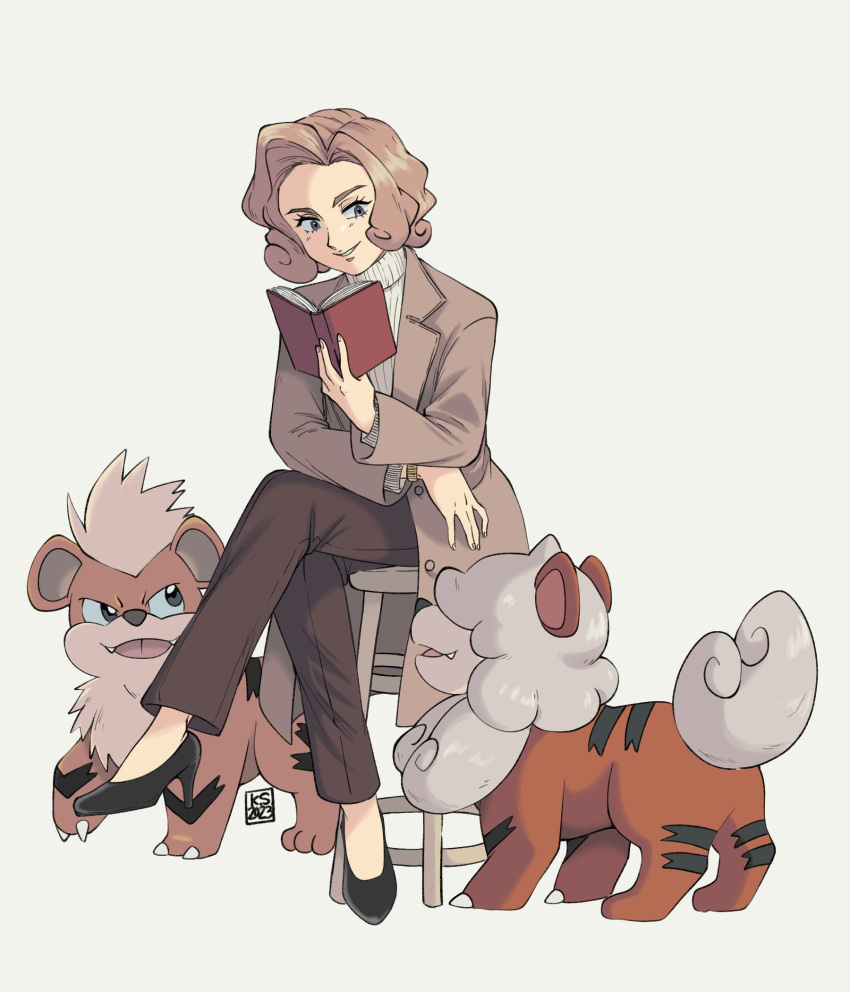 1girl black_footwear brown_hair brown_pants brown_suit commentary_request crossed_legs dog english_commentary eyelashes fangs grey_eyes growlithe high_heels highres hisuian_growlithe kaguras-art mixed-language_commentary open_mouth orange_fur palina_(pokemon) pants pokemon pokemon_(creature) pokemon_legends:_arceus short_hair simple_background sitting smile suit tongue tongue_out white_background