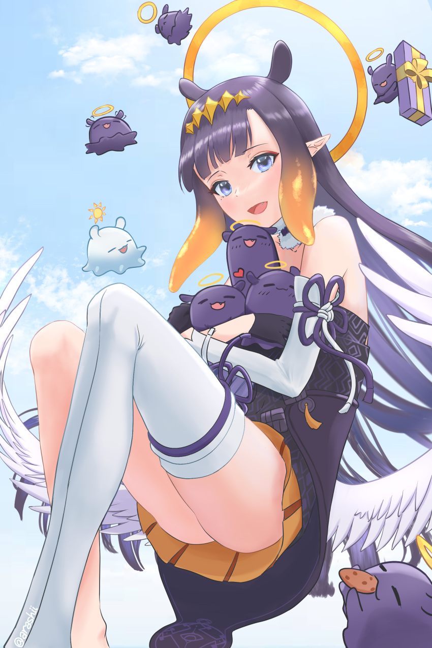 1girl absurdres black_dress blue_eyes blunt_bangs choker closed_eyes cloud cloudy_sky cookie detached_sleeves diamond_hairband dress eating english_commentary food food_in_mouth fur-trimmed_choker fur_choker fur_trim gloves gradient_hair halo heart highres hololive hololive_english long_hair looking_at_viewer low_wings mole mole_under_eye multicolored_hair ninomae_ina'nis ninomae_ina'nis_(1st_costume) octopus open_mouth orange_hair pointy_ears purple_hair reylan520 sidelocks single_detached_sleeve sky smile strapless strapless_dress takodachi_(ninomae_ina'nis) tentacle_hair tube_dress twitter_username virtual_youtuber wings